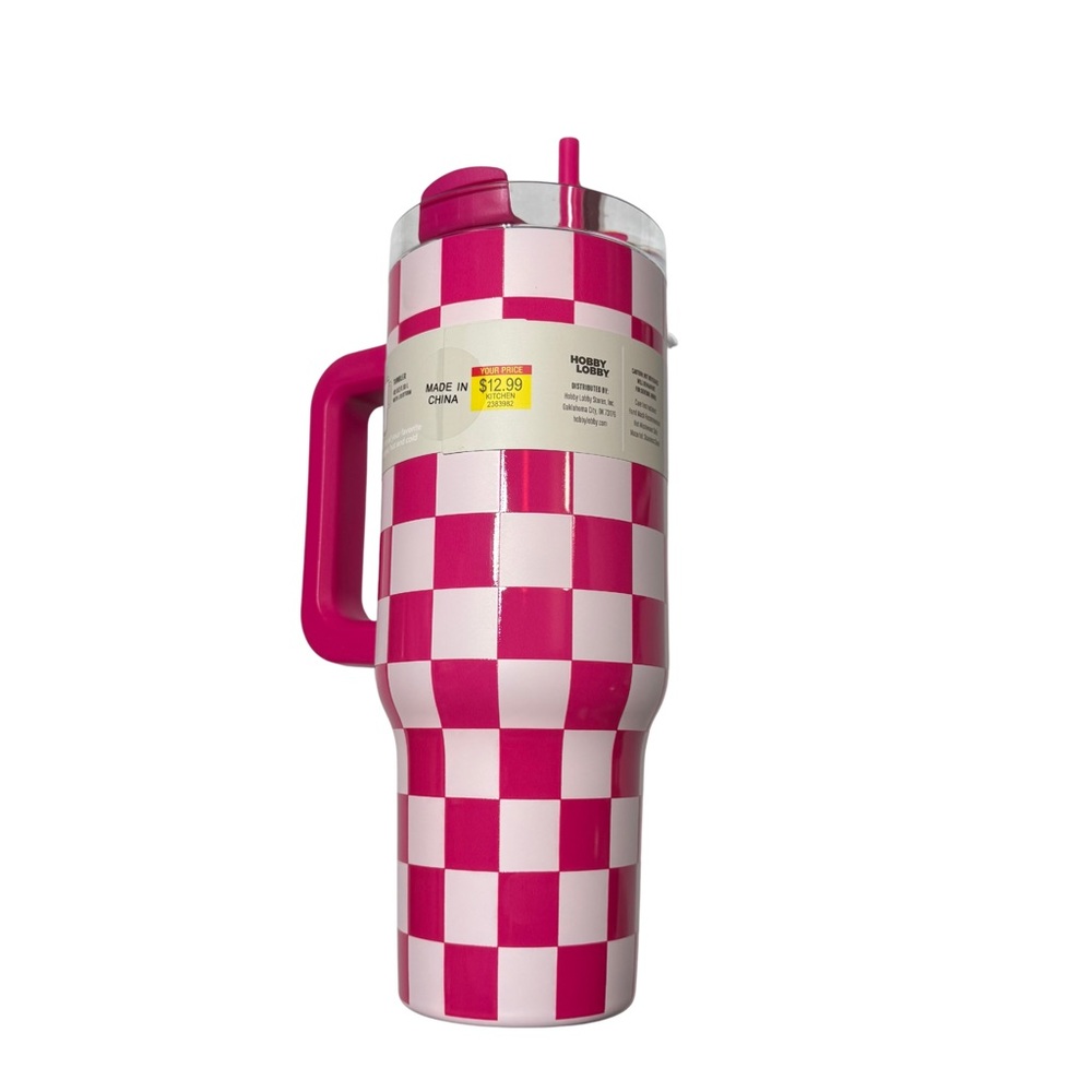 BRAND NEW | Pink Checkered | Stainless Steel Tumbler | 40 oz - Picture 2 of 4